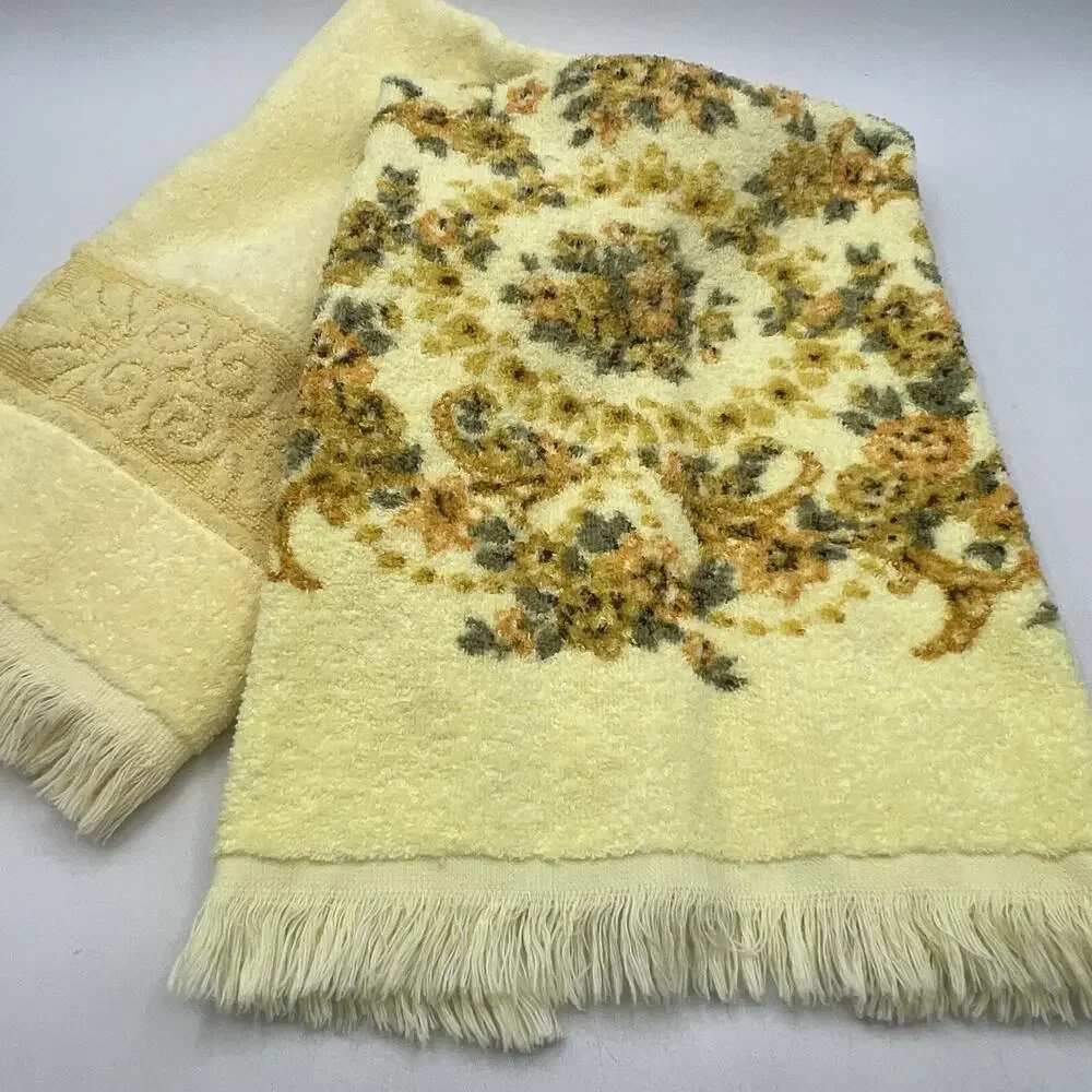Set 2 Vintage 1960-70 Cannon Mills MCM Hand Towel Yellow Flowers Floral 23